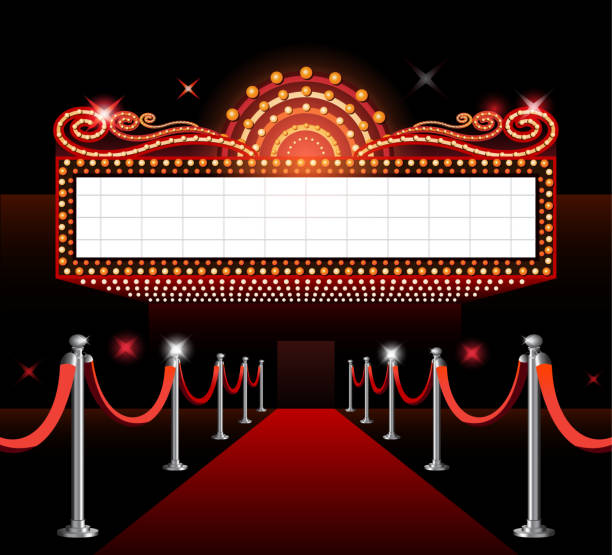 Theater sign movie premiere Theater entrance sign movie premiere red carpet hollywood stock illustrations