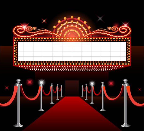 Theater sign movie premiere Theater entrance sign movie premiere red carpet premiere event stock illustrations