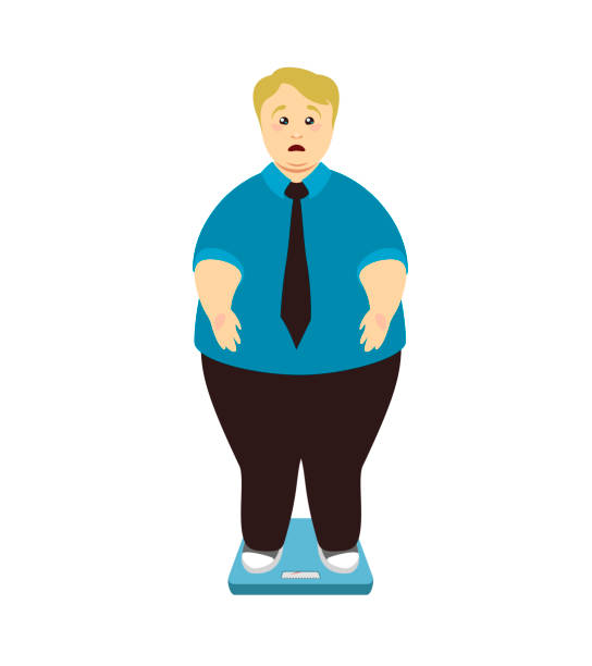 gewicht-verlust. übergewichtiger mann auf skalen - xxxl size stock-grafiken, -clipart, -cartoons und -symbole