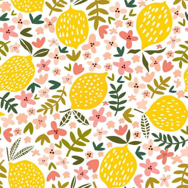 ilustraciones, imágenes clip art, dibujos animados e iconos de stock de vector flor y limón patrón - lemon backgrounds fruit textured