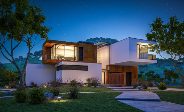 istock 3d rendering of modern cozy house by the river at night 929190776