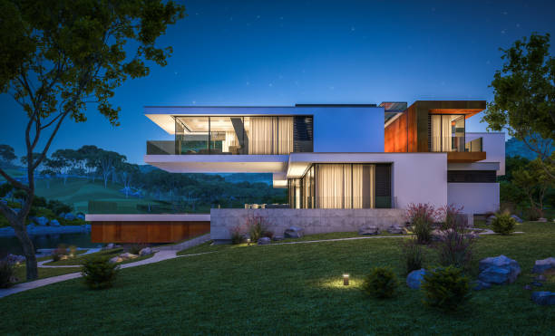 istock 3d rendering of modern cozy house by the river at night 929190890