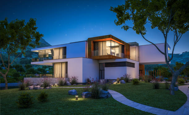 istock 3d rendering of modern cozy house by the river at night 929190906