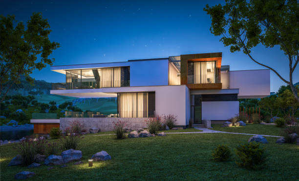 istock 3d rendering of modern cozy house by the river at night 929191506