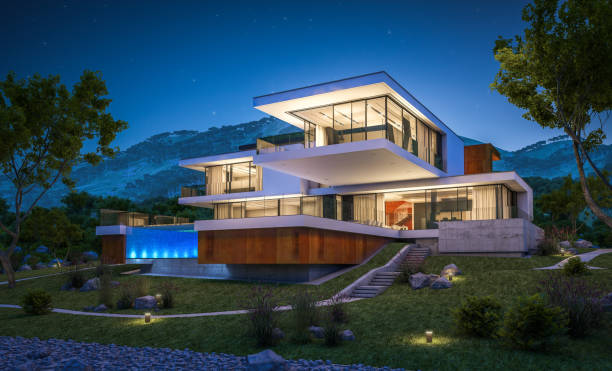 istock 3d rendering of modern cozy house by the river at night 929191536