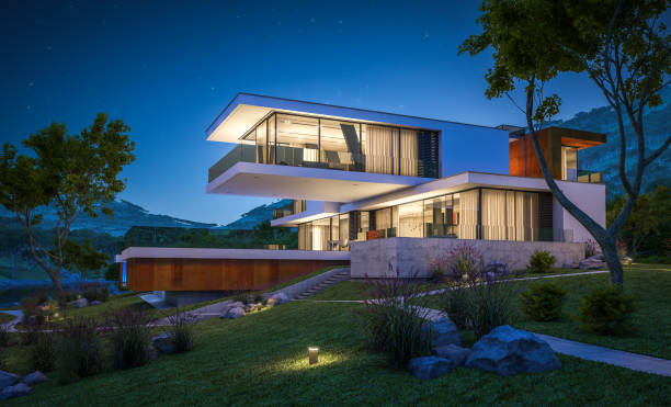 istock 3d rendering of modern cozy house by the river at night 929191890
