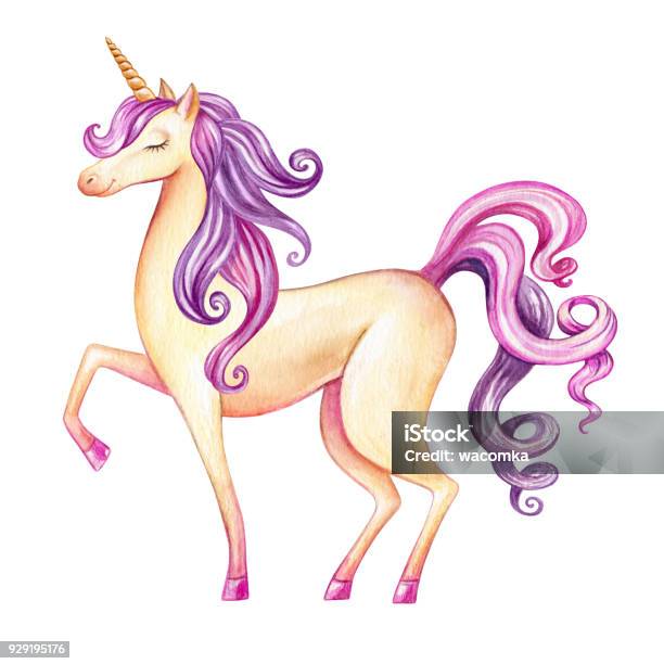 Watercolor Unicorn Illustration Fairy Tale Creature Pink Curly Hair Cartoon  Animal Clip Art Isolated On White Background Stock Illustration - Download  Image Now - iStock