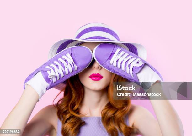 Young Girl In Purple Clothes With Shoes Stock Photo - Download Image Now - Child, Purple, Adult