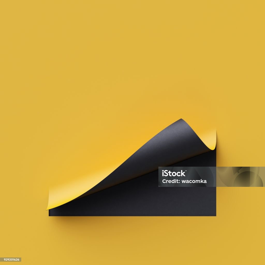 3d render curled corners of note paper. Sheet of paper with page curl and shadow, design element for advertising and promotional message. Yellow and black creative background, modern mock up. Paper Stock Photo