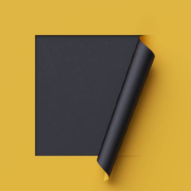 3d render curled corners of note paper. Sheet of paper with page curl and shadow, design element for advertising and promotional message. Yellow and black creative background, modern mock up.