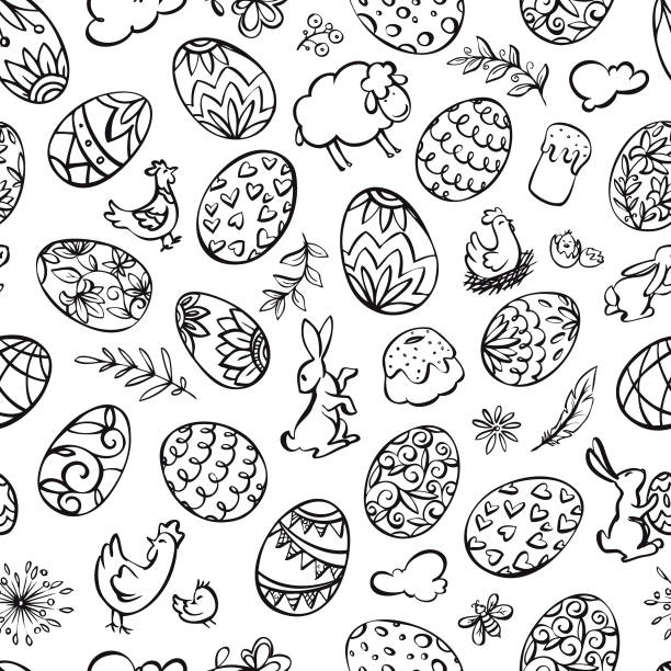 illustrazioni stock, clip art, cartoni animati e icone di tendenza di motivo senza cuciture per elementi pasquali disegnati a mano - easter egg illustrations