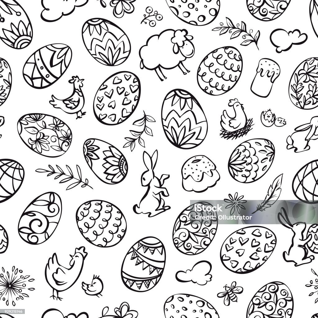 Hand drawn easter elements seamless pattern Vector line art easter pattern with eggs and rabbits, chicken, plants, flowers, clouds. Easter Egg stock vector Hand drawn easter elements seamless pattern Vector line art easter pattern with eggs and rabbits, chicken, plants, flowers, clouds. Easter Egg stock vector