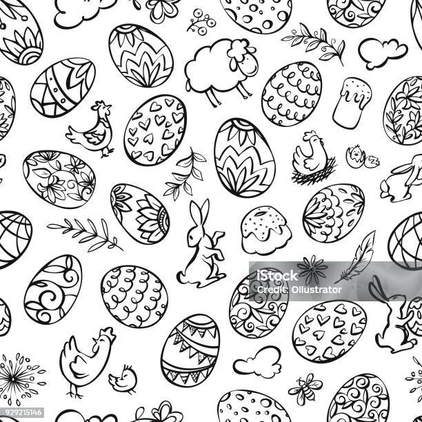 Hand Drawn Easter Elements Seamless Pattern Stock Illustration - Download Image Now - Easter, Easter Egg, Easter Bunny