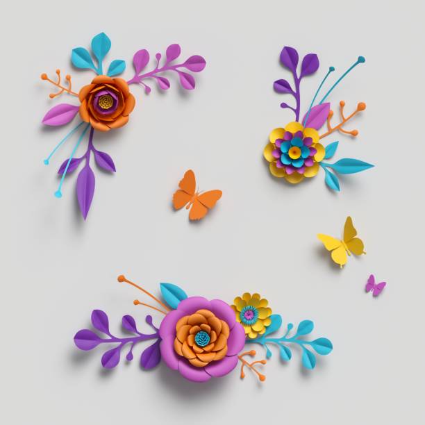 3d render, paper flowers clip art, decorative elements, floral background, botanical pattern, bright candy colors, vibrant palette, isolated on white