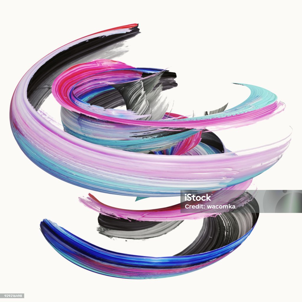 3d rendering, abstract twisted brush stroke, paint splash, splatter, colorful curl, artistic spiral, vivid ribbon Art Stock Photo