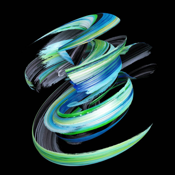 3d rendering, abstract twisted brush stroke, paint splash, splatter, colorful curl, artistic spiral, vivid ribbon on black background