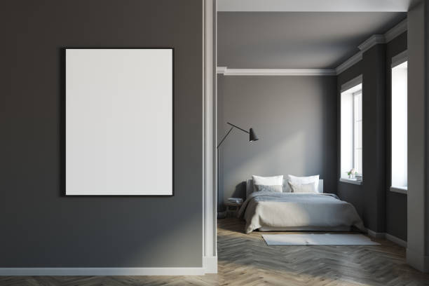istock Dark gray bedroom with a poster 929217328