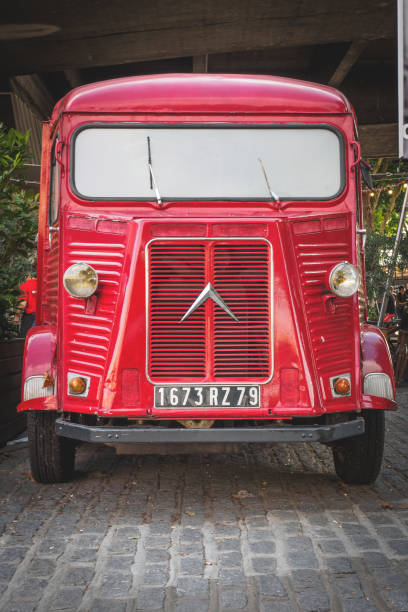 Vintage red Citroen HY van parked on the South Bank Queen's walk. London, UK - March, 2018. Vintage red Citroen HY van parked on the South Bank Queen's walk. Portrait format. citroen hy stock pictures, royalty-free photos & images