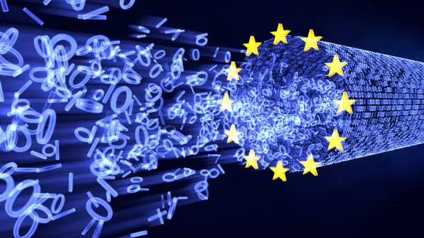 European Union Data Protection (GDPR) bits and bytes in glowing stream with EU stars