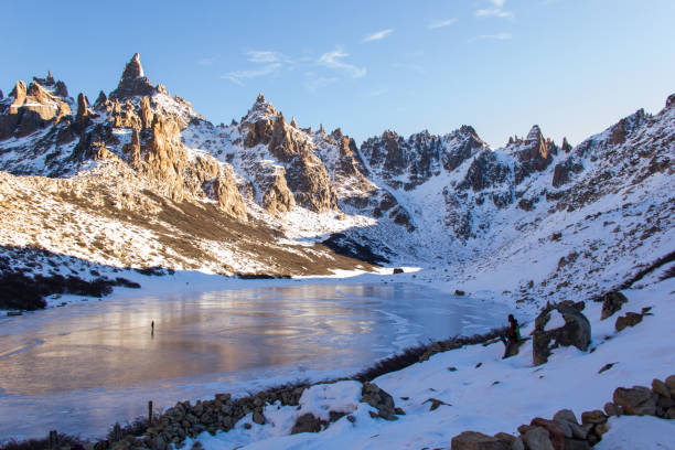 Refugio Frey Hike Mountain and frozen lake Refugio Frey Hike Mountain and frozen lake bariloche stock pictures, royalty-free photos & images