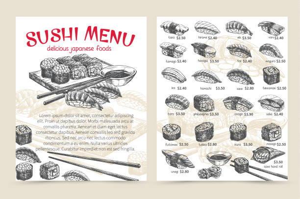 sushi bar munu Vector hand drawn sushi bar munu. Japanese food sketch illustration for sushi rolls shop. japanese food stock illustrations
