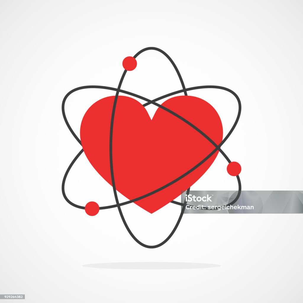 Abstract atom icon. Vector illustration. Atom with kernel in heart shape in flat design. Vector illustration. Symbol of the molecule or atom, isolated. Science stock vector