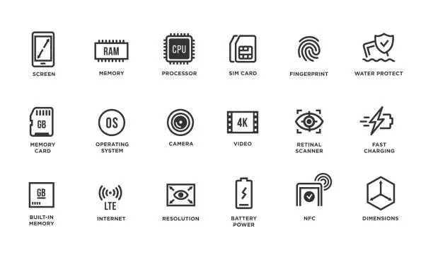Vector illustration of Mobile Device Components Vector Icon Set
