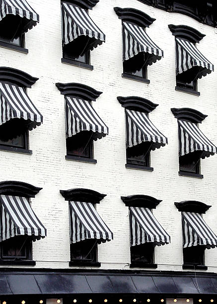 striped awnings stock photo