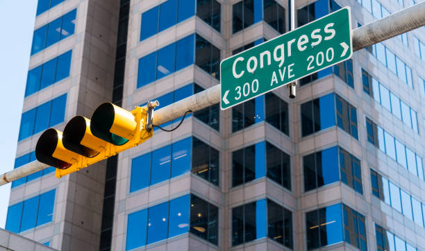 Modern Architecture of Austin , Texas , Downtown with the Congress Avenue Street Sign