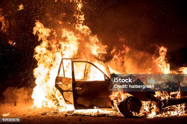 Car Engulfed In Flames Stock Photo - Download Image Now - Burning, Car, Accidents and Disasters