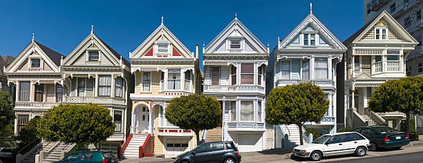 sette sorelle cucito primo piano grande di file - roof row house house san francisco county foto e immagini stock