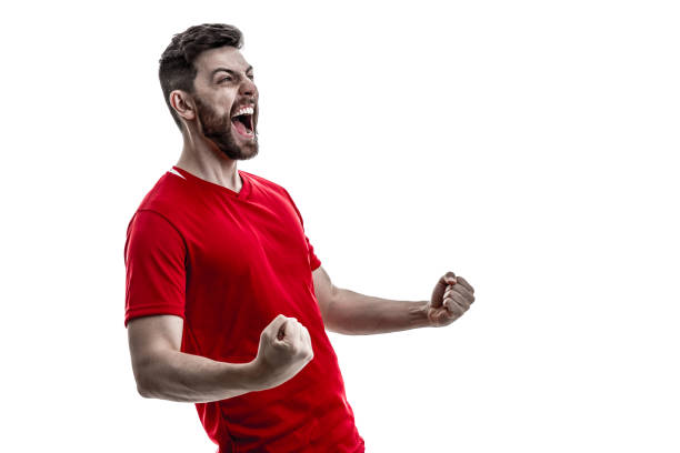 tifoso / giocatore sportivo su divisa rossa che festeggia su sfondo bianco - belgium morocco foto e immagini stock