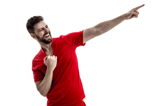 istock Fan / Sport Player on red uniform celebrating on white background 929308046