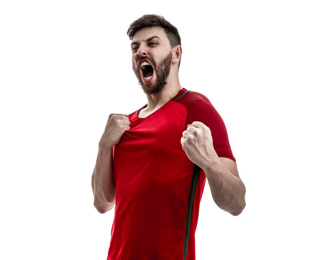 istock Fan / Sport Player on red uniform celebrating on white background 929308082