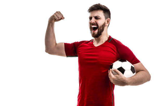 istock Fan / Sport Player on red uniform celebrating on white background 929308094