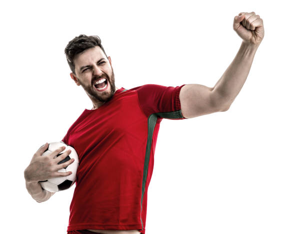 istock Fan / Sport Player on red uniform celebrating on white background 929308104