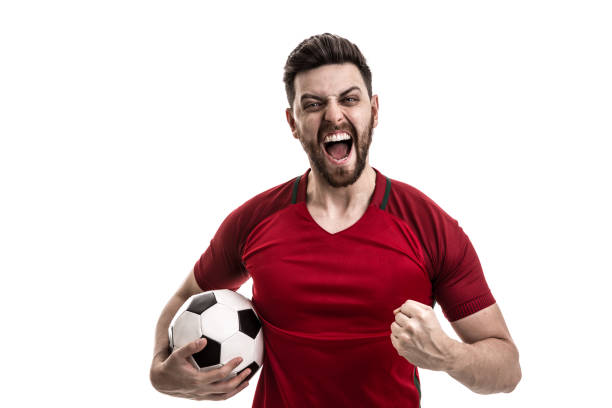 tifoso / giocatore sportivo su divisa rossa che festeggia su sfondo bianco - belgium morocco foto e immagini stock