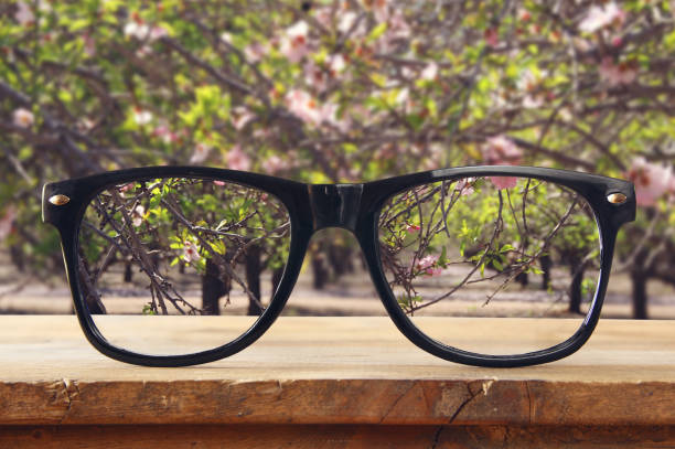 istock hipster glasses on a wooden rustic table in front of cherry tree flowers. 929334910