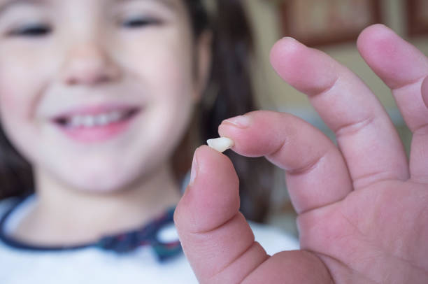 Little 5 years old girl showing her first baby tooth fallen out Little 5 years old girl showing her first baby tooth fallen out. Closeup baby teeth stock pictures, royalty-free photos & images