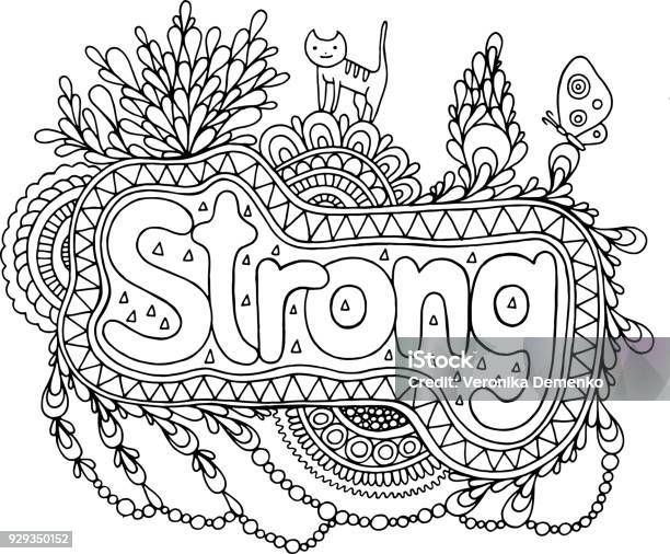 Coloring Page For Adults With Mandala And Strong Word Doodle Lettering Ink Outline Artwork Vector Illustration Stock Illustration - Download Image Now