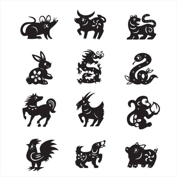 12 중국어 조디악의 세트 - snake chinese new year chinese zodiac sign china stock illustrations