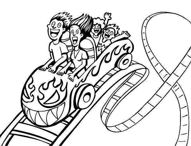 Family Riding Rollercoaster Line Art vector art illustration