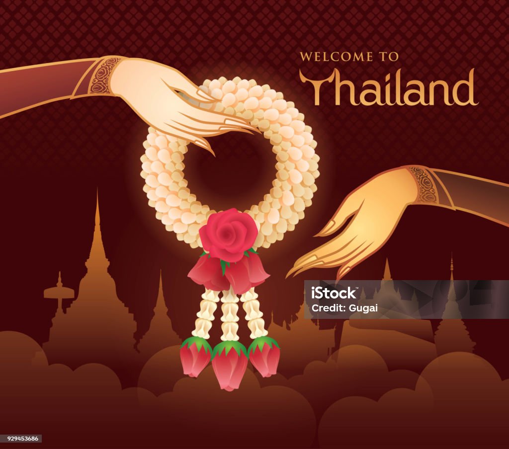 Thai jasmim e rosas Garland, ilustração da arte tailandesa, ouro mão segurando guirlanda Vector - Vetor de Tailândia royalty-free