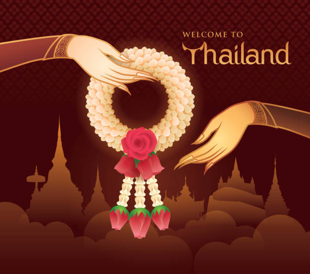 тайский жасмин и розы гарленд, иллюстрация тайского искусства, золотая рука проведения гарленд вектор - art thailand thai culture temple stock illustrations