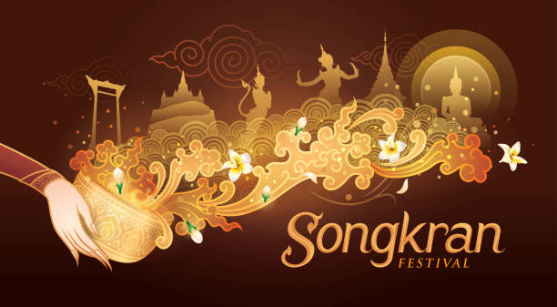 ilustraciones, imágenes clip art, dibujos animados e iconos de stock de songkran festival en tailandia vector, tradicional tailandés, tailandés splash de agua con señal en tailandia y flores de jazmín - thailand