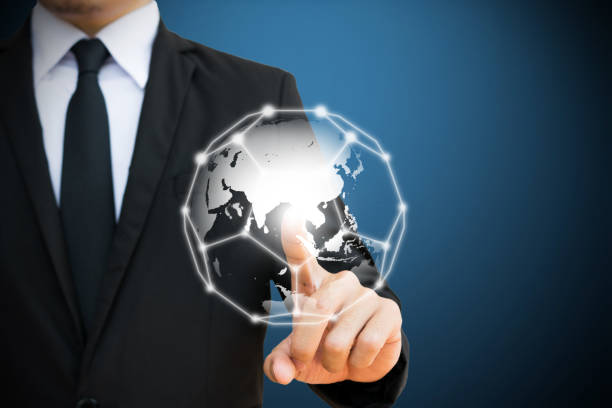 istock Businessman touching global  network. communication and social media concepts. 929469198