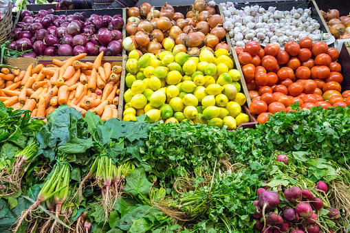 Choice of fresh vegetables for sale seen at a market in Valparaiso, Chile