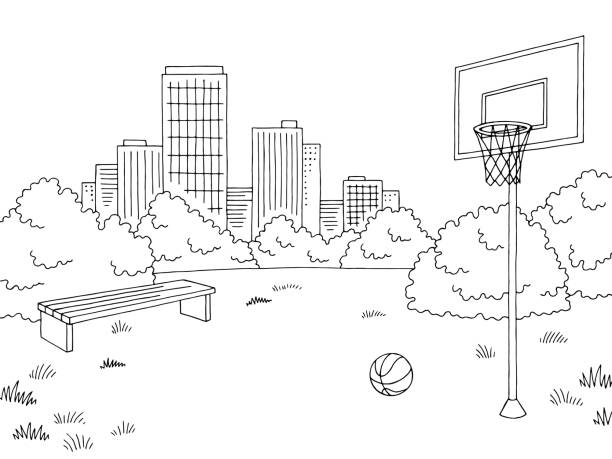 street sport basketball grafik schwarz weiße stadt landschaft skizze abbildung vektor - basketball hoop illustrations stock-grafiken, -clipart, -cartoons und -symbole