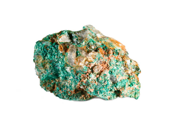 istock Macro shooting of natural gemstone. Raw mineral malachite. Morocco. Isolated object on a white background 929480476
