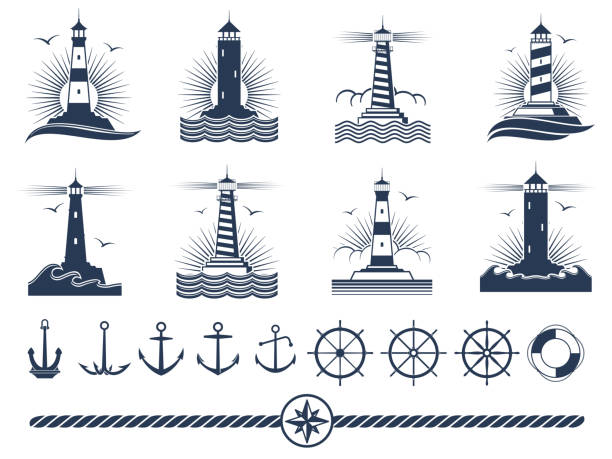 illustrazioni stock, clip art, cartoni animati e icone di tendenza di loghi ed elementi nautici incastonati - ancora fari corda - lighthouse